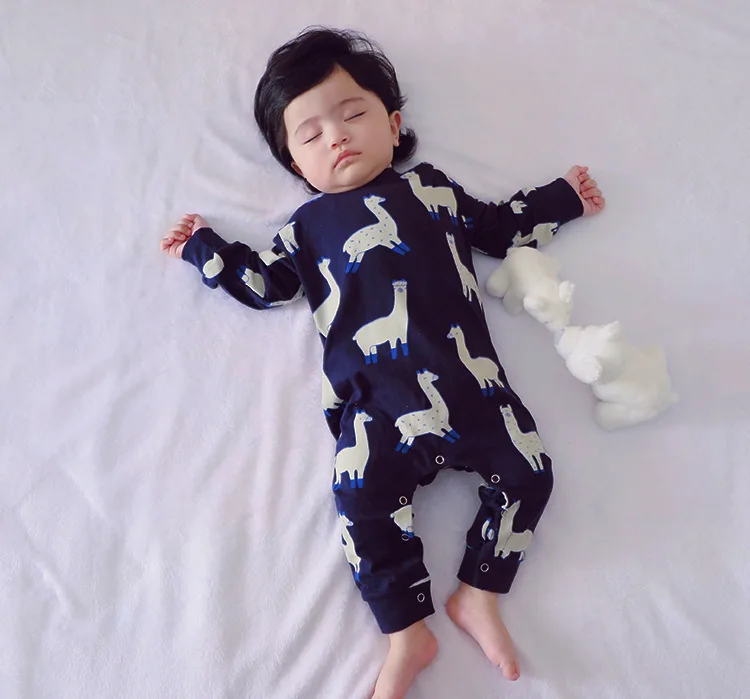 Хлопковый комбинезон для маленьких мальчиков 0-3 лет, комбинезон для девочек, комбинезон с длинными рукавами для младенцев, альпака, принт с животными, новая осенняя одежда для малышей - Цвет: Синий