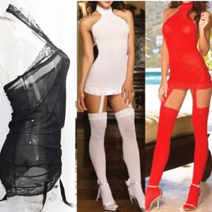 Мини платье для ночного клуба с лямкой на шее, кружевной тонкий пояс на бретельках с открытой спиной и подвязки, сексуальное нижнее белье из газовой ткани, Женское боди для игр влюбленных