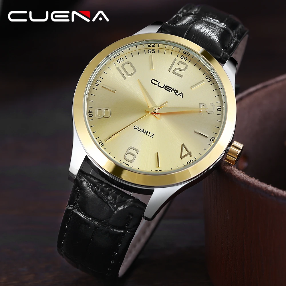 CUENA часы Для мужчин кварцевые модные кожаные Наручные Военные Спорт Повседневное