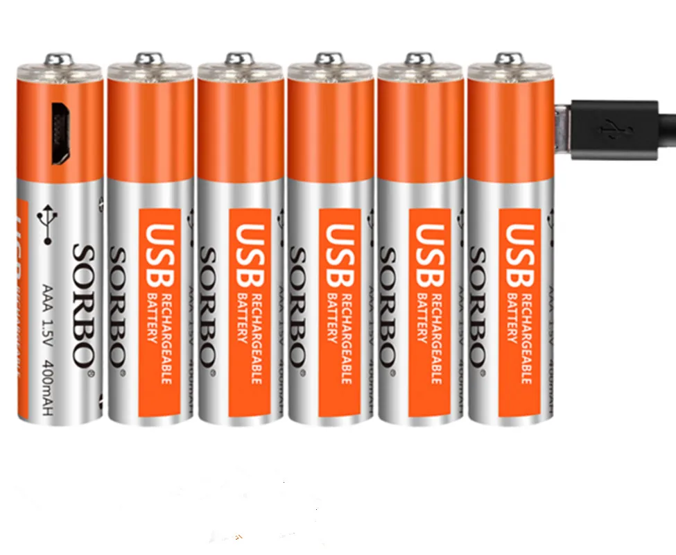 Горячая Распродажа 6PCS SORBO 1 5 V 400mAh перезаряжаемая батарея AAA Lipo с зарядным кабелем 4