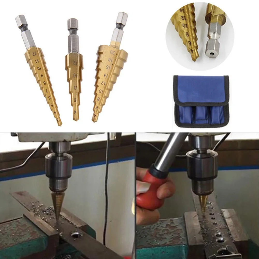 

3pcs HSS Steel Titanium Step Drill Bit 3-12mm 4-12mm 4-20mm Step Cone Cutt Tools Woodworking Wood Metal Drill Bit Set #291632