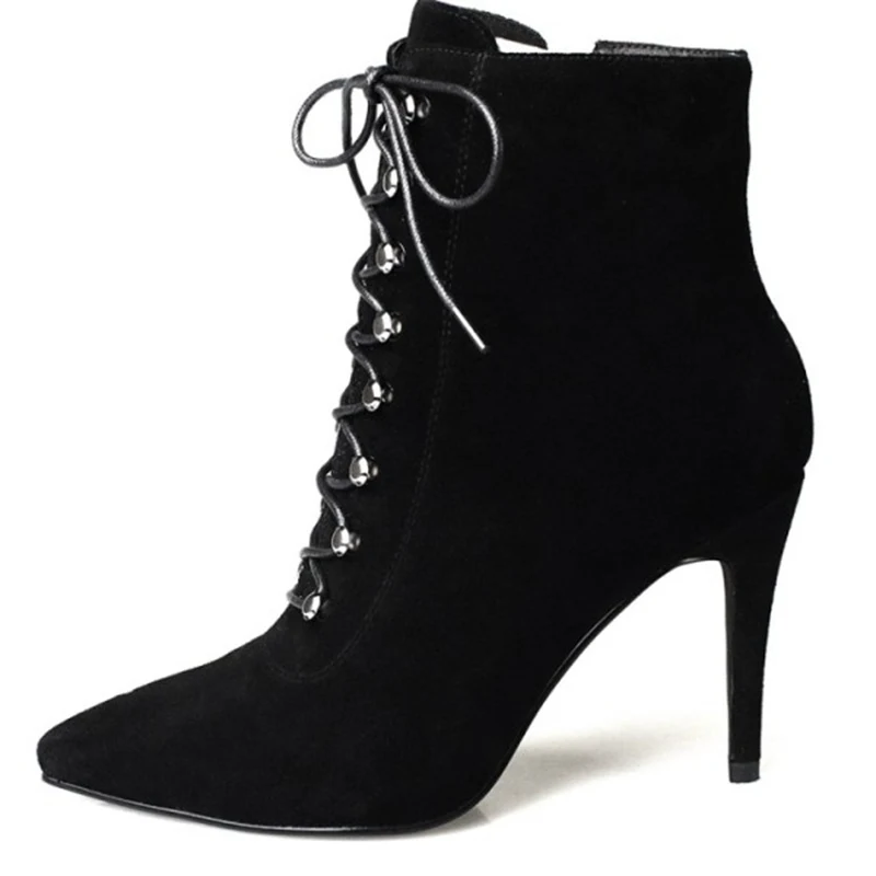 

Black Suede Leather Lace Up High Heel Boots Women Pointy Toe Stiletto Heeled Short Booties Sexy Work Office Ankle Boot
