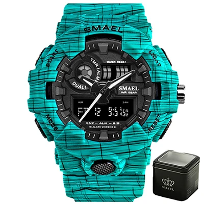 Light Blue with box Для мужчин часы белый Dual Time SMAEL Спорт Часы Будильник 8001 Военная Униформа армии наручные часы водонепроницаемые мужские часы relogio masculino - Цвет: Light Blue with box