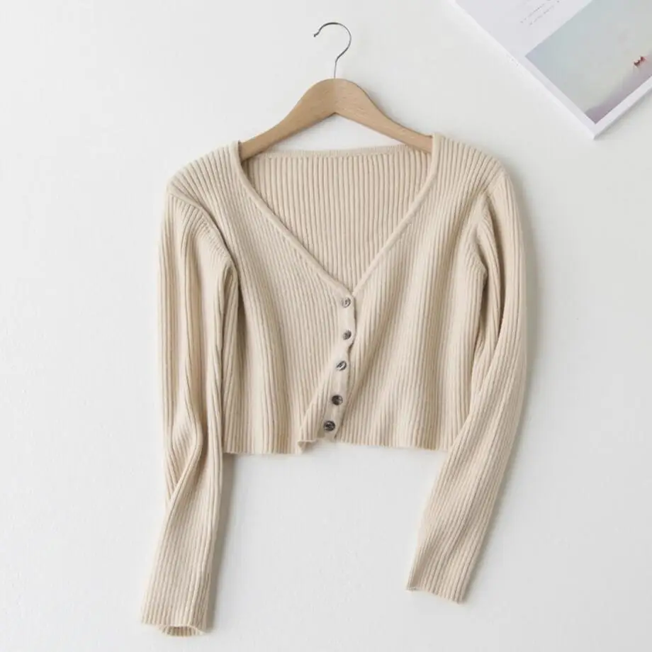 Женский Однотонный свитер с длинным рукавом и V образным вырезом|short cardigan|cardigan