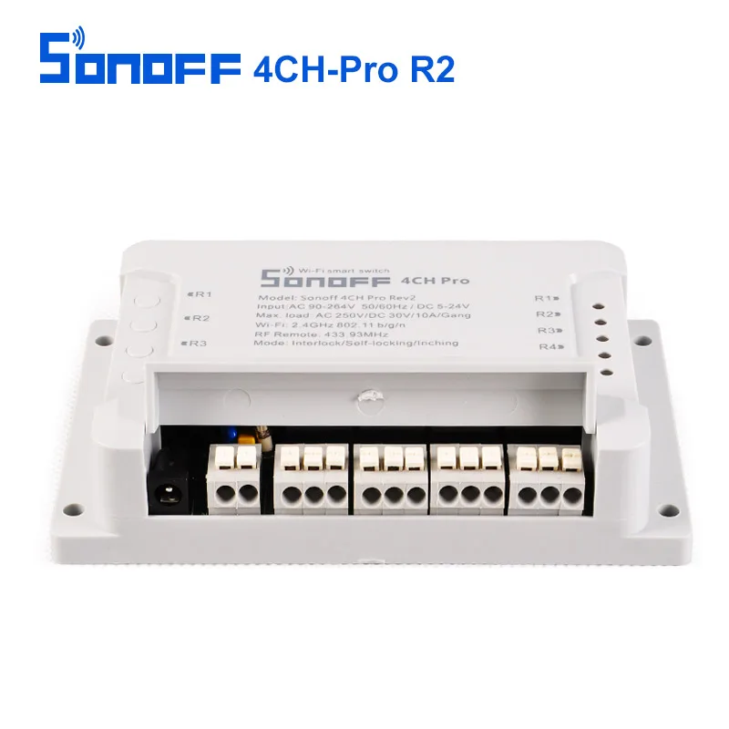 Интеллектуальный выключатель света Sonoff 4CH Pro R2 умный переключатель дистанционного управление 4 Каналы 433 МГц 2,4G Wi-Fi пульт для Управление Смарт модули автоматизации 90-250 В переменного тока(50/60 Гц)/5-24 В постоянного тока