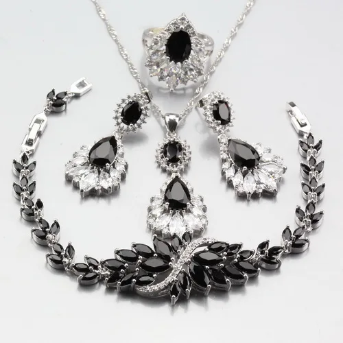 Black 4PCS Австрийский Кристалл с натуральным камнем зеленый CZ Ювелирные наборы из 925 пробы серебра Дубай женский свадебный костюм наборы - Окраска металла: Black 4PCS