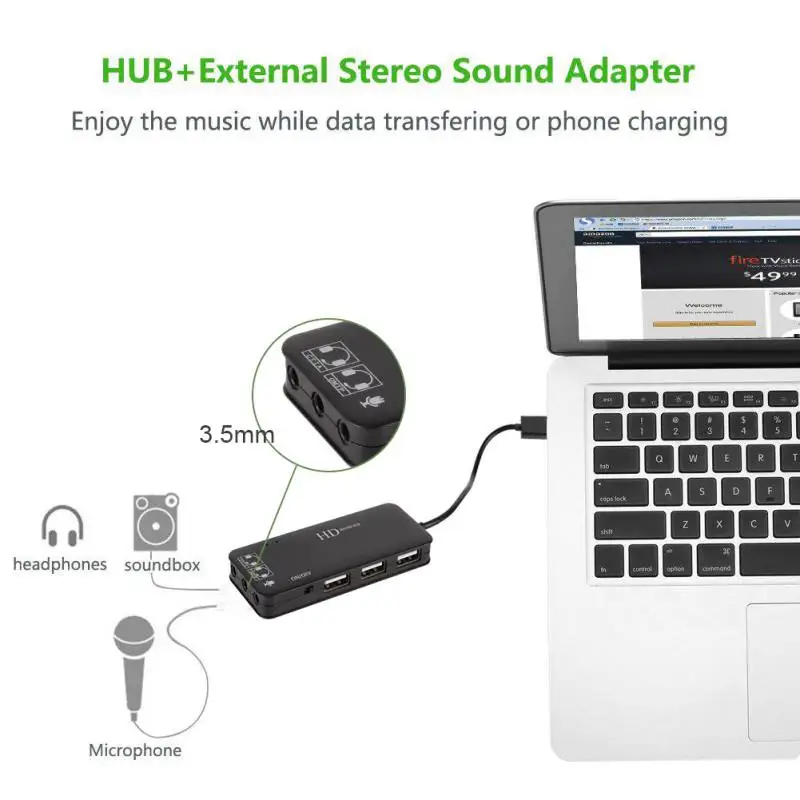 

New 3-Port USB2.0 Hub with Enternal Stereo Sound Adapter Card & 2Ports 3.5mm Micphone Jacks & Earphone Audio Jack Hot Sale