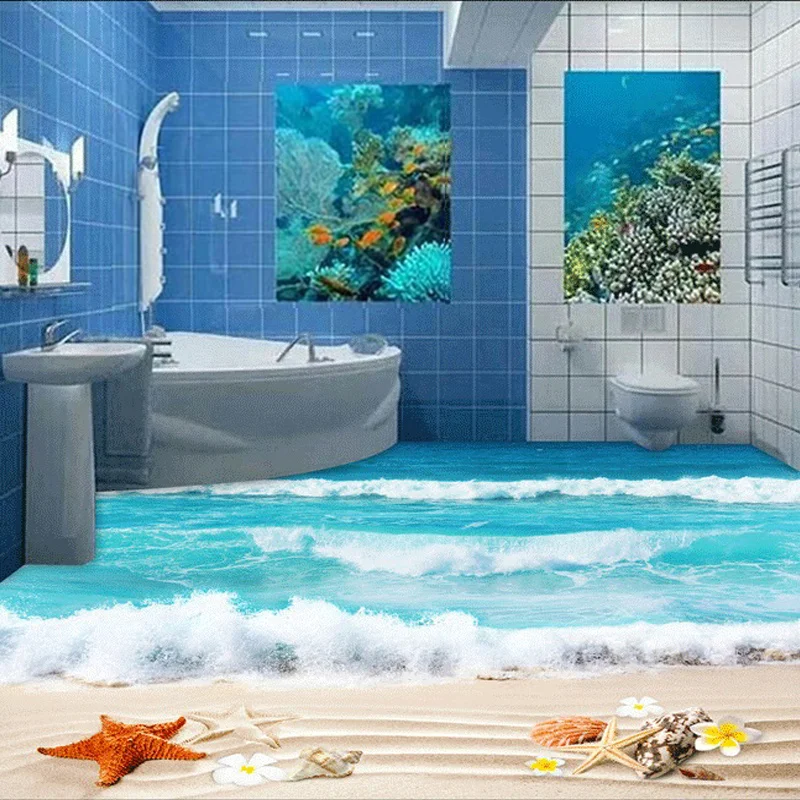 Пользовательские 3D фото пол обои ванная комната Гостиная настил фрески водонепроницаемый утолщенный самоклеящиеся обои Shell пляж