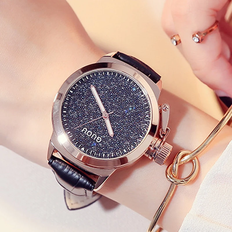 Женские Часы GUOU женские часы роскошные со сверкающими бриллиантами с кожаным