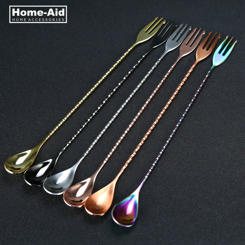 

300mm Stainless Steel Mixing Spoon Fruit Fork Spiral Pattern Cocktail Bar Spoon Drink Shaker Spoon Bartender Tool