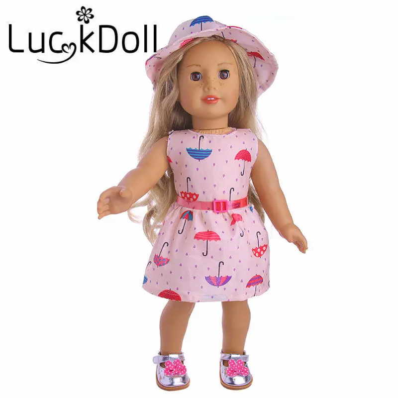 LUCKDOLL Платье с принтом шляпа и пояс подходят 18 дюймов Американский 43 см BabyDoll