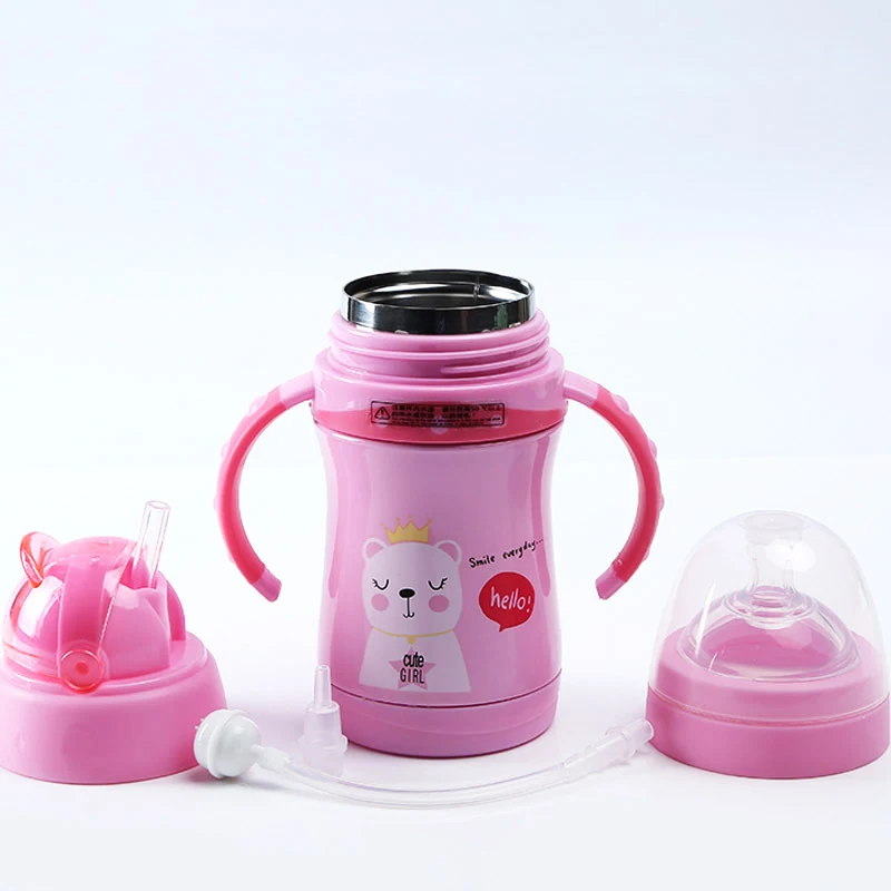 Wind flower Kids Water Bottle 280ml Nozzle And Straw Interchangeable Dual-use Cartoon Stainless Steel Vacuum Sippy Cup | Дом и сад
