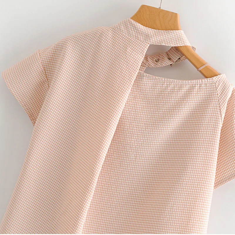 

Korean version 2019 summer women's fashion short-sleeved plaid personality shirt women's tee Summer pink sexy female top