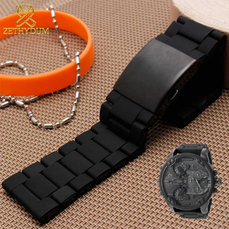 Waterproof silicone bracelet for diesel watch band 28mm DZ7396 DZ7370 DZ428 rubber and stainless steel watchband mens strap