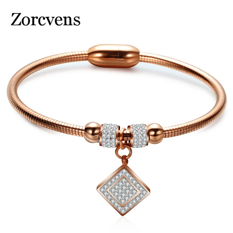 Новинка 2023, модные браслеты zorcins из нержавеющей стали цвета розового золота/серебра, круглые браслеты с фианитами класса ААА для женщин