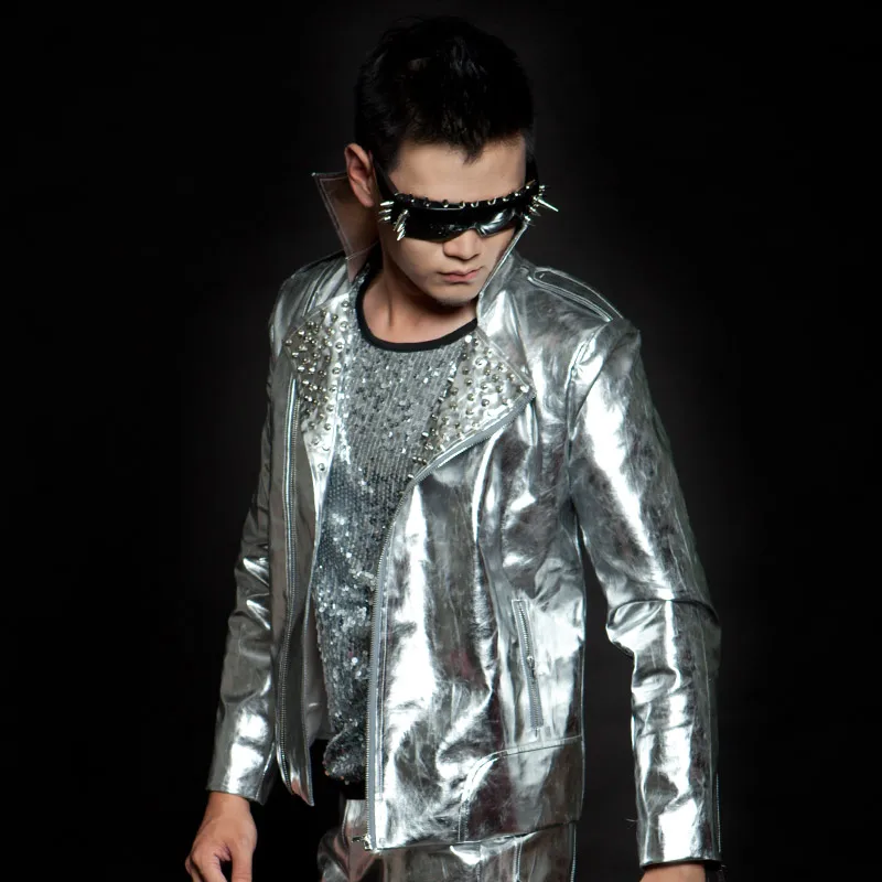 

XS-5XL!!! 2018 Europe and the United States city boy rivet silver locomotive furs Nightclub singer stage The singer's clothing