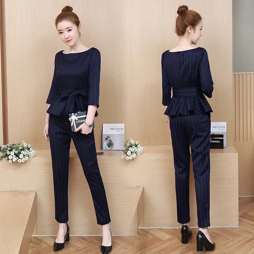 Женский офисный костюм в синюю полоску комплект из двух предметов: Топ с длинным