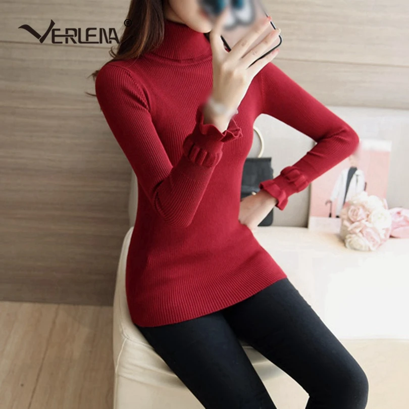 Verlena 2019 Soft Turtleneck Basic Women Sweater Long Sleeve Rib Stretch Knit Black Pullovers Ruffle Flare Cuff Autumn Jumper | Женская