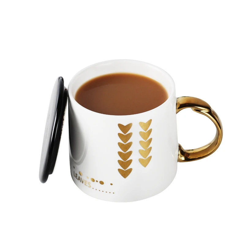 White Ceramic Coffee Mugs Gilding Leaves Water Cups with Handgrip Lid Brief Tea Mug Home Office Nordic Style | Дом и сад