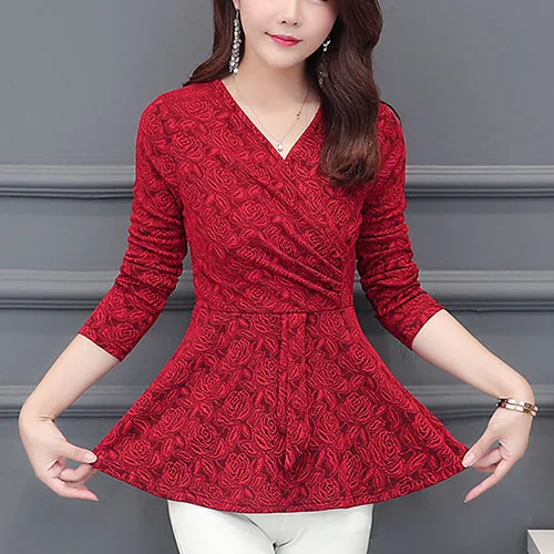 Wine red Женские топы и блузки, женская одежда, корейская модная одежда, Хлопковые женские рубашки с длинным рукавом и v-образным вырезом, стройнящие размера плюс L-5XL, 324 - Цвет: Wine red
