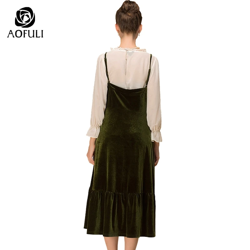 AOFULI XL-4XL Сицилия стиль Цветочный Вышивка платье костюм 2 шт. камзол длиной до икры