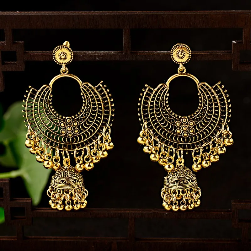 Фото 2022 круглые винтажные женские серьги-подвески Jhumka в этническом стиле, Турецкая бижутерия №1