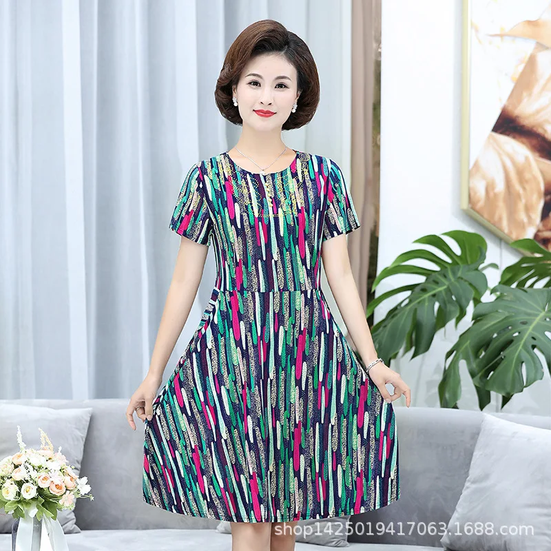 Summer Middle-aged Mother dress Loose Comfortable Flower Print Round Neck Short Sleeve Plus Size 4xl 5XL Women printed Dress Женская