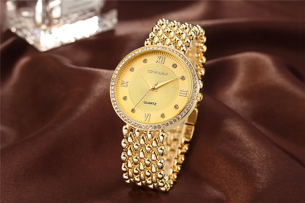 Часы CRRJU женские золотистые со стразами брендовые модные наручные Роскошные с