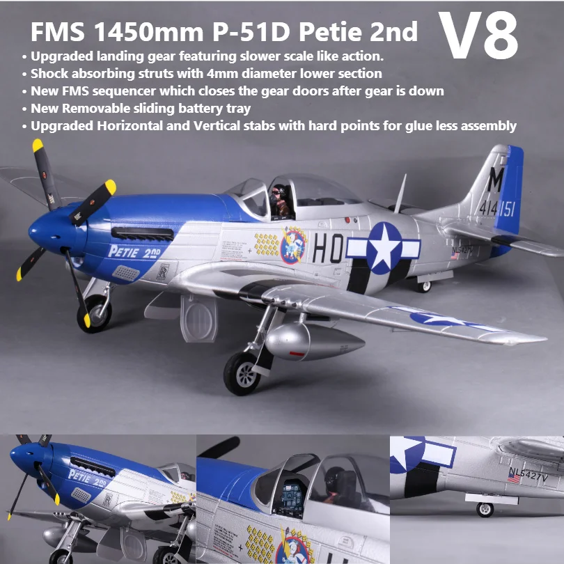 Радиоуправляемый самолет FMS 1450 мм 1 4 м P51 P 51D Mustang пити 2nd синий V8 6CH 4S приводимого в