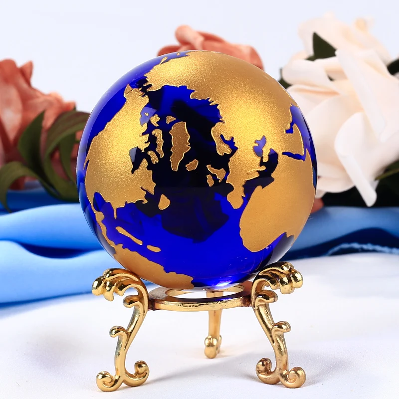 

60mm Blue Colored Earth Crystal Model Ball Glass Globe With a Base Crafts Paperweight For House Ornaments Gifts Home Decor