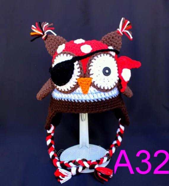 free shipping, 10pcs baby hat Beanie, children s handmade crochet Cartoon Pirate owl hat with eye patch, newborn hat Photo props