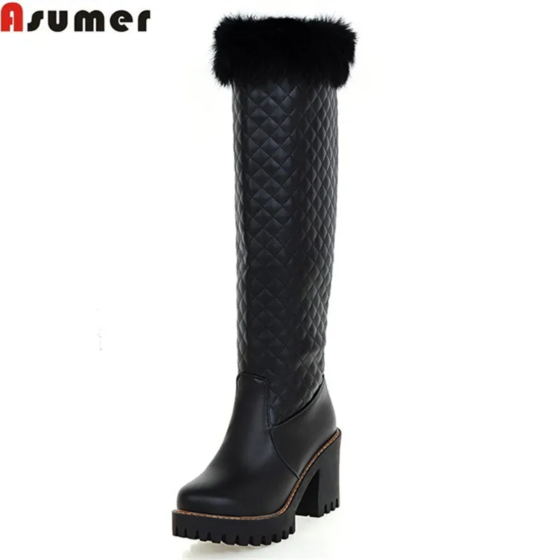 Женские сапоги до колена Asumer черные белые на платформе большие размеры 33 43 2020|boots