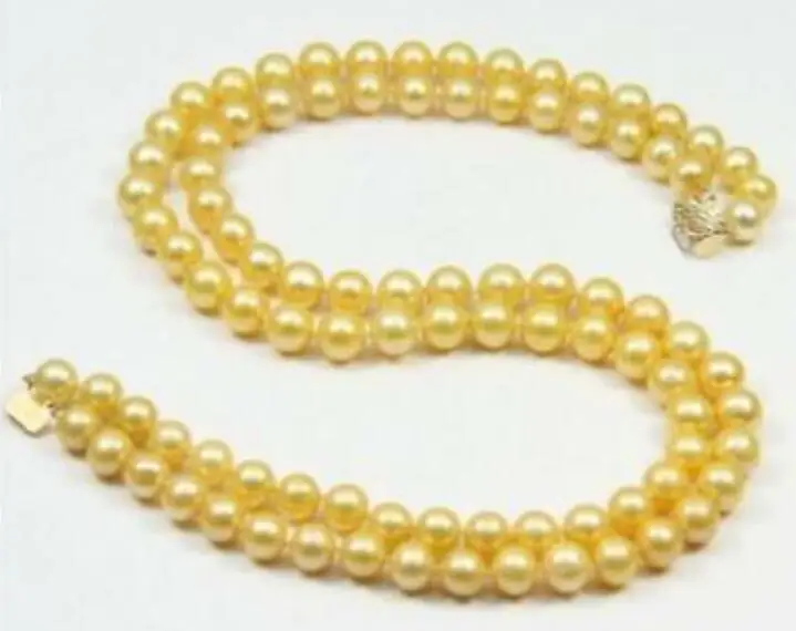 

hot Double strands AAA 9-10mm natural gold pearl necklace 18-19" Yellow clasp