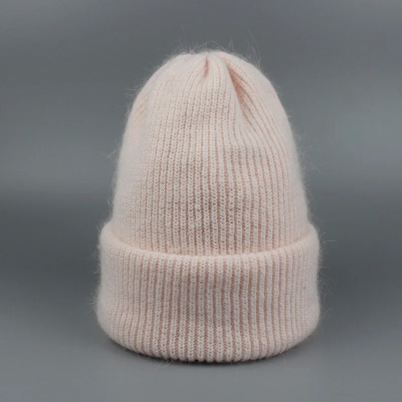 Pink Брендовые женские осенне-зимние шапки, эластичные вязаные шапки из кроличьей шерсти Gorro, одноцветные шапки-бини, высококачественные милые Повседневные шапки для девочек - Цвет: Pink