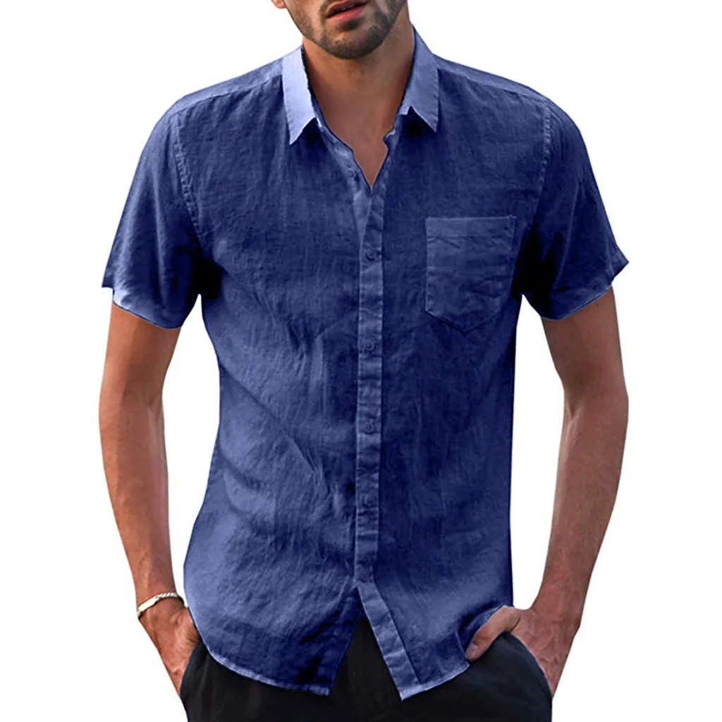 Мужская льняная рубашка с отложным воротником однотонная Повседневная