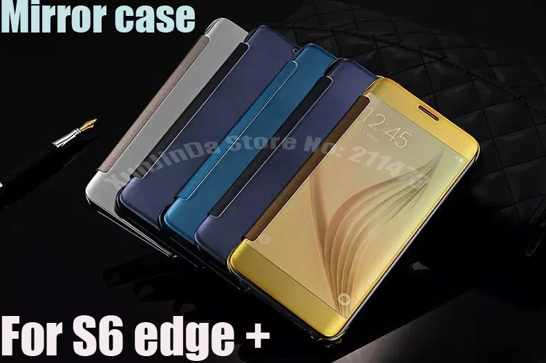 Зеркальный умный кожаный чехол книжка с окошком для Samsung Galaxy S6 Edge Plus 50x Бесплатная