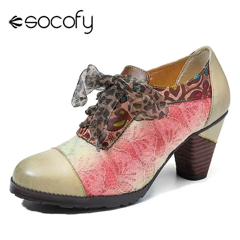SOCOFY Elegance Genuine Sandals WomenLeather Splicing Lace Retro Pattern Comfortable Lace Up Pumps Elegant Shoes Woman