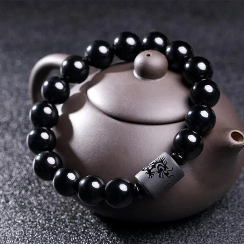 

Натуральный черный обсидиановый резной буддийский счастливый амулет нитка круглых бусин браслет для женщин и мужчин ювелирные изделия
