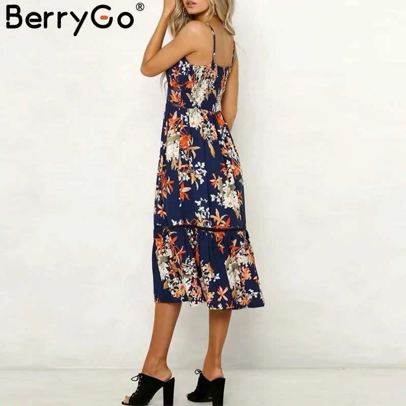 BerryGo Sexy v шеи Женщины платье Спагетти ремень винтажное с цветочным принтом летнее