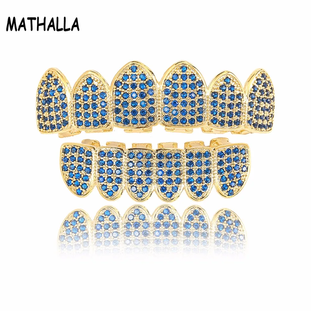 

MATHALLA Hip-Hop Braces Gold Grillz Micro-Inlaid Blue Zircon Top and Bottom Grills Bling Ice Out Women’s Jewelry Gifts
