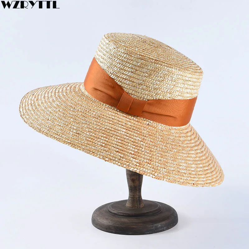 

2019 New Elegant Women Summer Hat Black Orange Ribbon Classical Ladies Wheat Straw Hat Flat Top Sun Beach Hat Kentucky Derby Hat