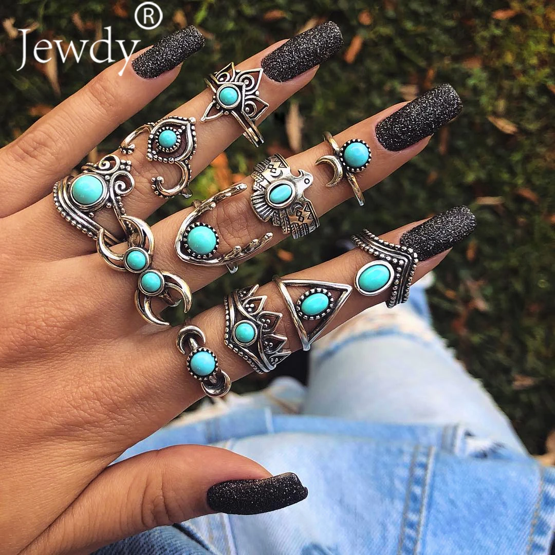 

11 PCS/Set Vintage Mix Design Stone Knuckles Rings Set For Women Boho Geometric Pattern Flower Rings Party Bohemia Jewelry 2021