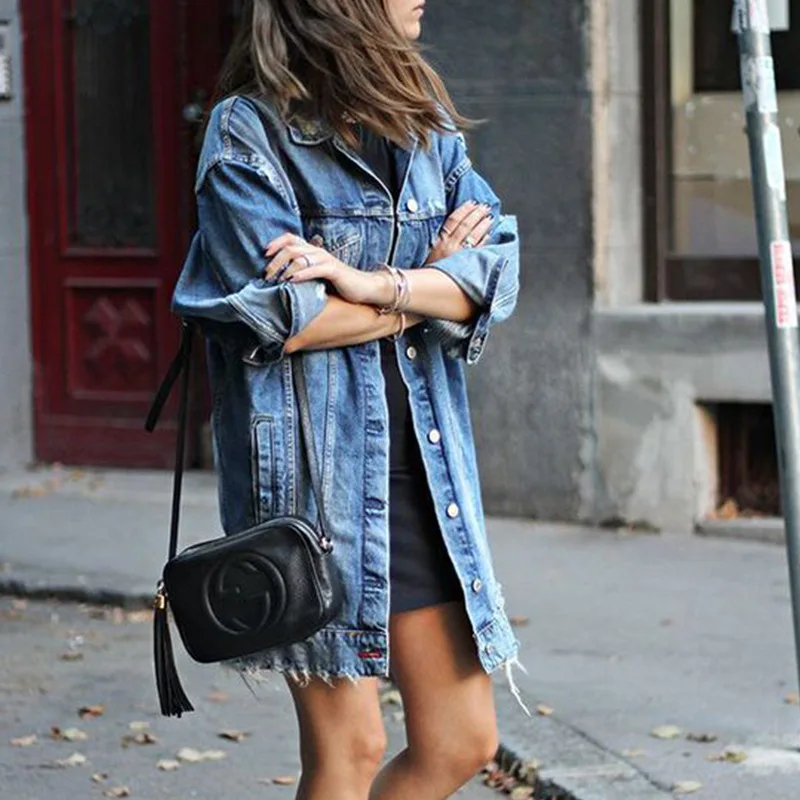

Spring Women Jean Jacket Long Sleeve Stretch Hole Ripped Denim Outerwear Loose Autumn Casual Female Basic Jacket Coat Plus