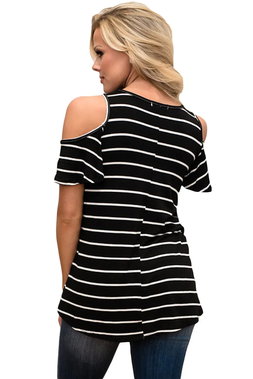 2018 New Arrival Summer Women's Casual Short Sleeve O-Neck White Black Stripe Cold Shoulder Top LGY250192 | Женская одежда