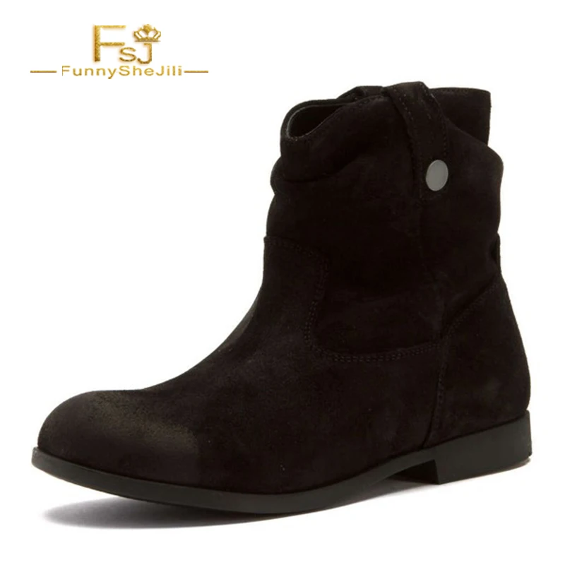 

FSJ Chelsea Flock Boots Buckle Strap Chunky Ankle Round Toe Flats Black Slouch Vintage Free Shipping Mature Shoes for Women 2021