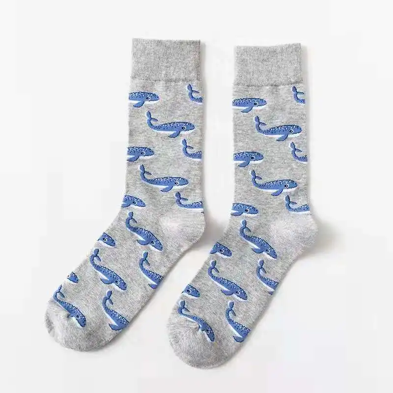 Ash Bottom Whale PEONFLY, мужские носки из чесаного хлопка, Harajuku, цветные, веселые, забавные, с медведем, рыбкой, длинные, теплые, нарядные носки для мужчин, для свадьбы, рождественский подарок - Цвет: Ash Bottom Whale