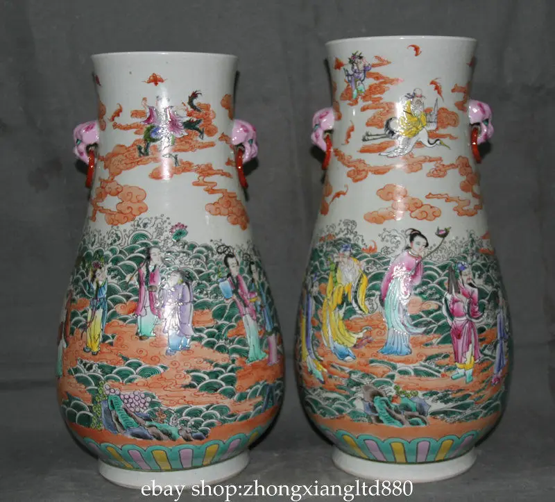 16 &quotотмеченный китайский Wucai Роза фарфор 8 бессмертных Бог Shou бутылка ваза