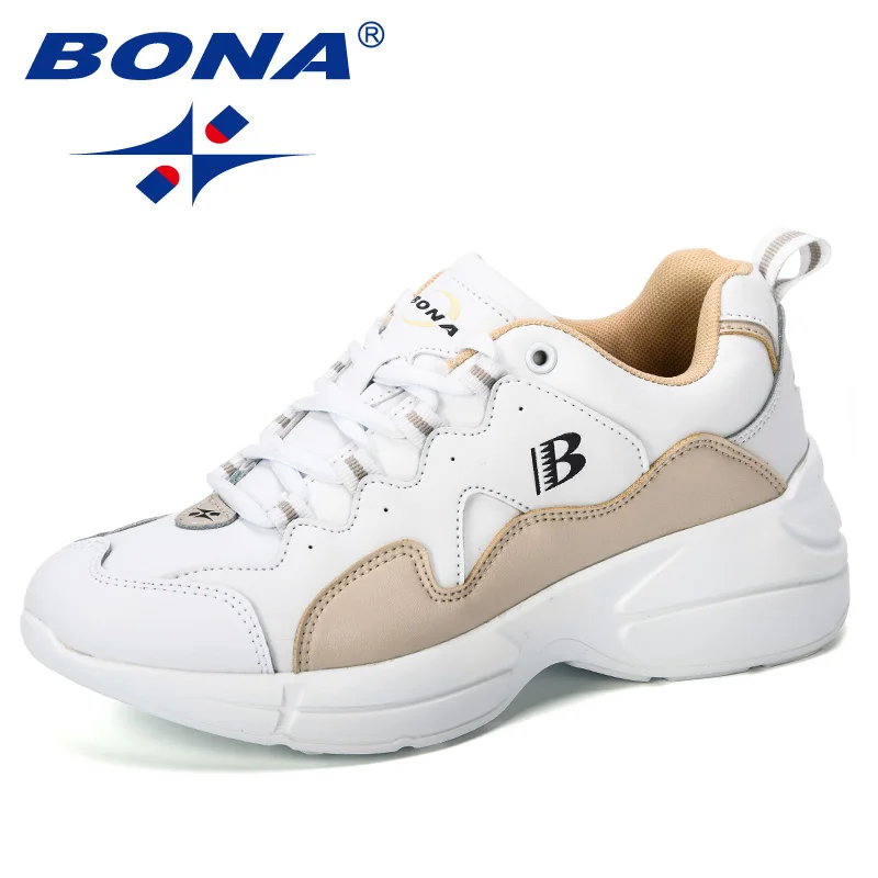 White beige BONA New Fashion Style Platform Sneakers Ladies Brand Chunky Causal Shoes Woman Leather Leisure Shoes Chaussure Femme Comfy - Цвет: White beige