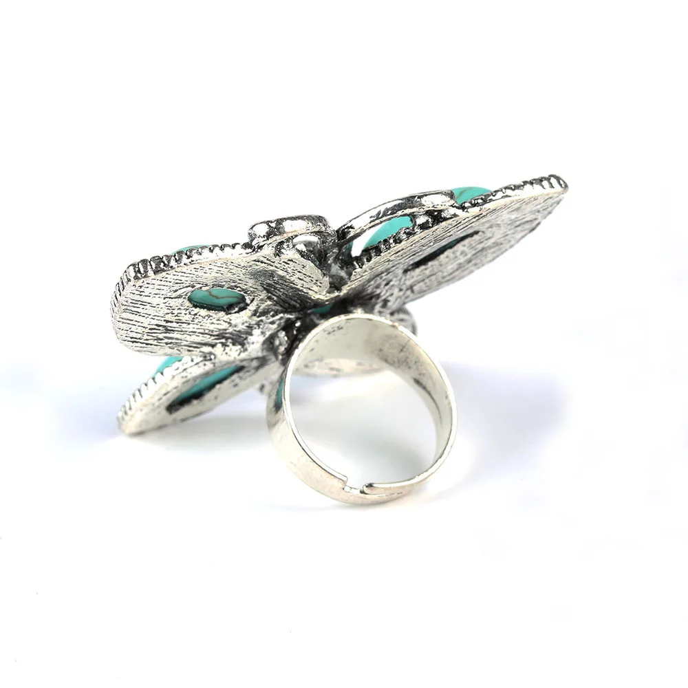 Парабола Большая Бабочка Shaped Создания Бирюзой Моде Кольца Серебро Цвет