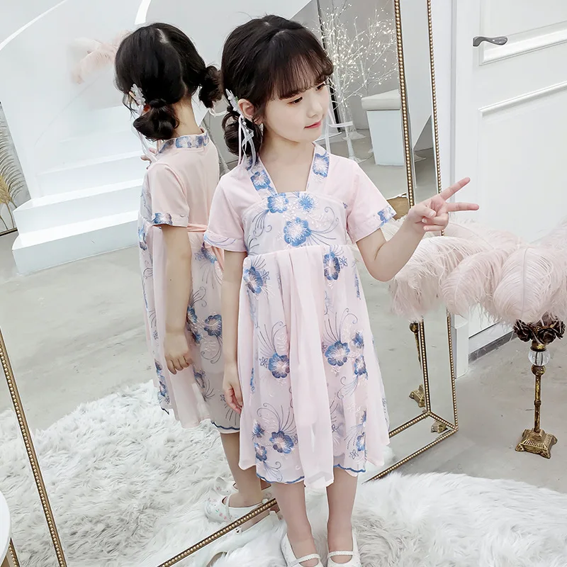 Hanfu/летнее платье принцессы для девочек, Новое Детское Сетчатое платье в китайском стиле с вышитыми цветами, костюм для девочек 2, 3, 4, 6, 7, 9, 10 лет